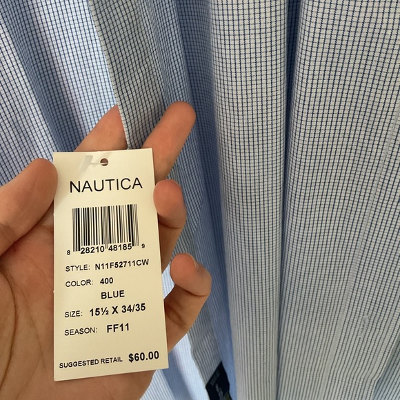 🆕 Nautica Classic Fit White and Blue Tattersall Button Down Dress Shirt - Picture 7 of 12